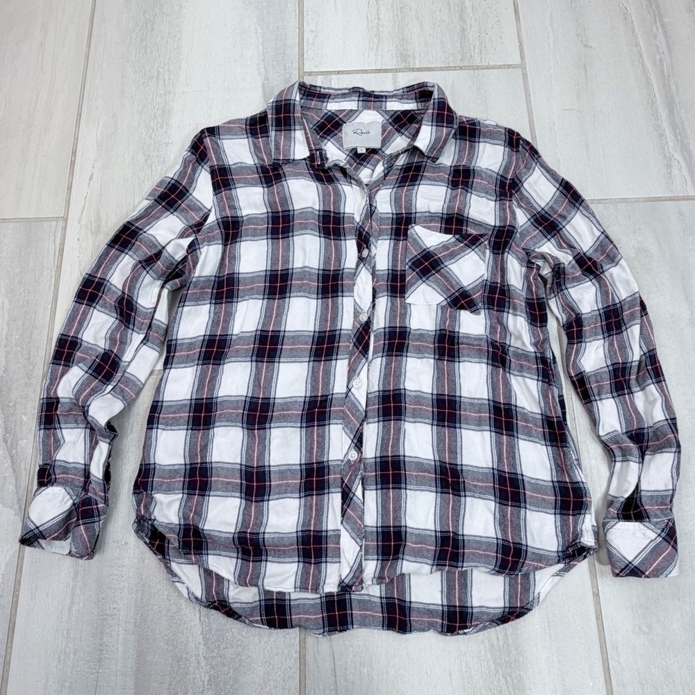 Rails Hunter White Navy Burgundy Plaid Rayon Button Front Shirt L